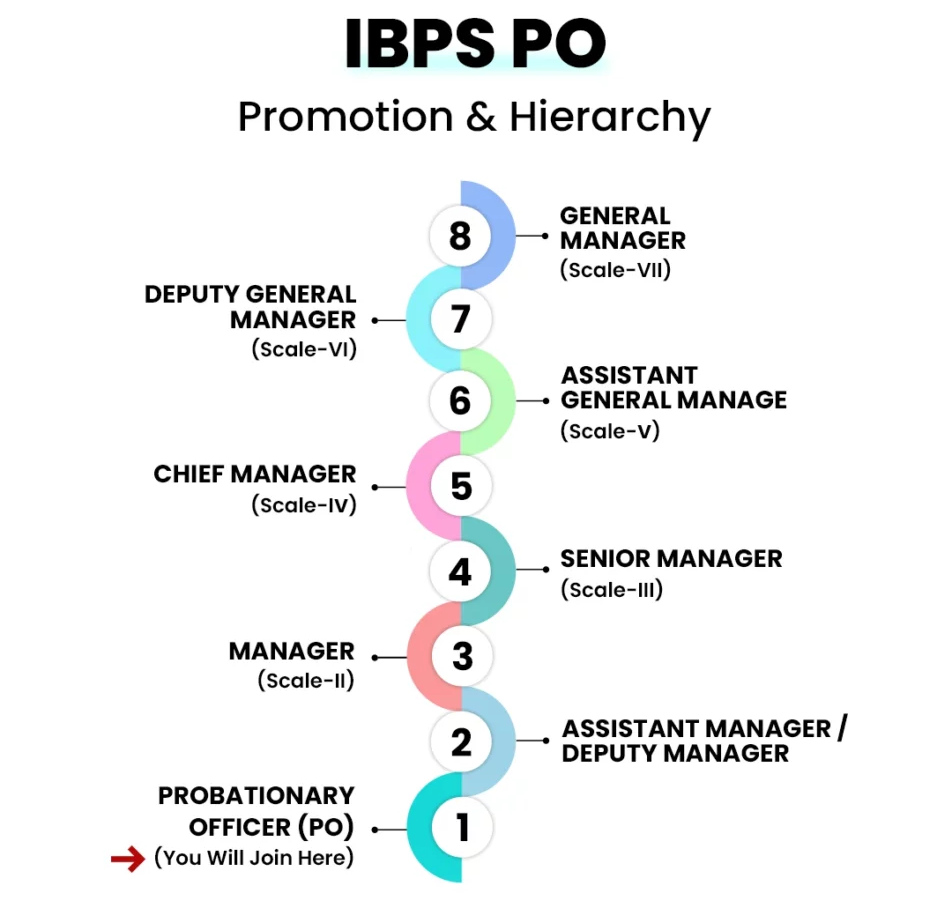 Career progression ladder for IBPS PO showing promotion from Probationary Officer to Chairman & Managing Director