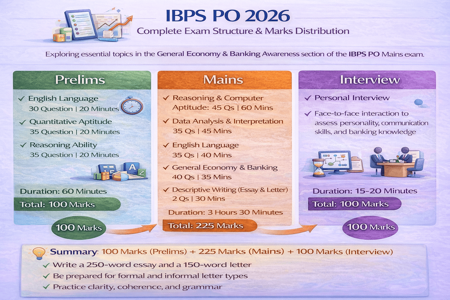 IBPS PO 2026 complete exam structure showing prelims, mains and interview stages with marks distribution