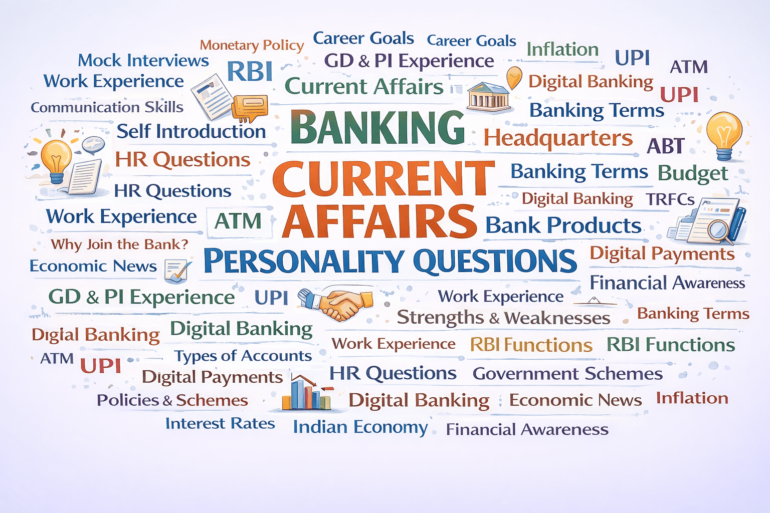 Word cloud showing common IBPS PO interview topics including banking, current affairs, personality questions