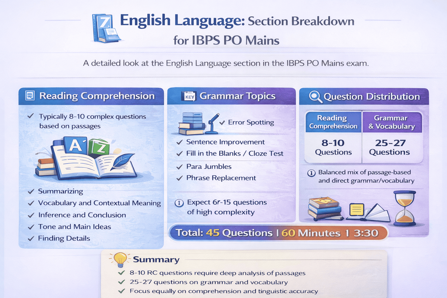 English Language section showing reading comprehension, grammar topics and question distribution