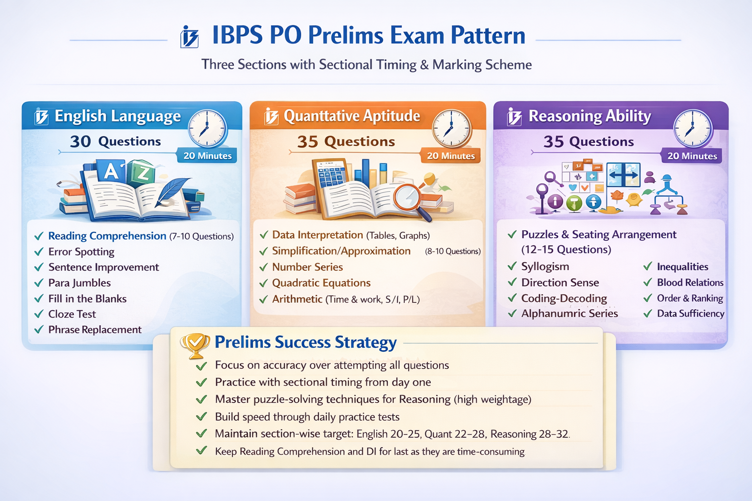 IBPS PO Prelims exam pattern showing three sections with sectional timing and marking scheme