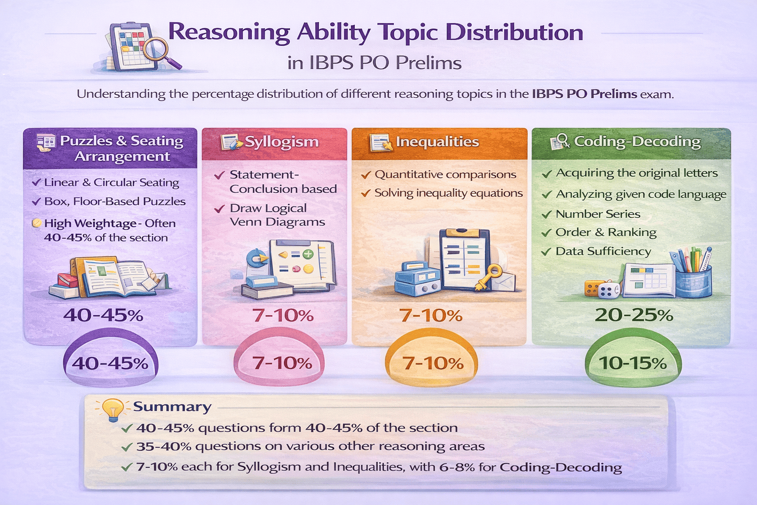IBPS PO Reasoning Ability topic-wise distribution showing Puzzles, Syllogism, and other topics
