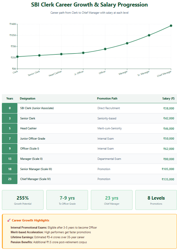 SBI Clerk career growth path from Clerk to Officer grade showing promotion timeline