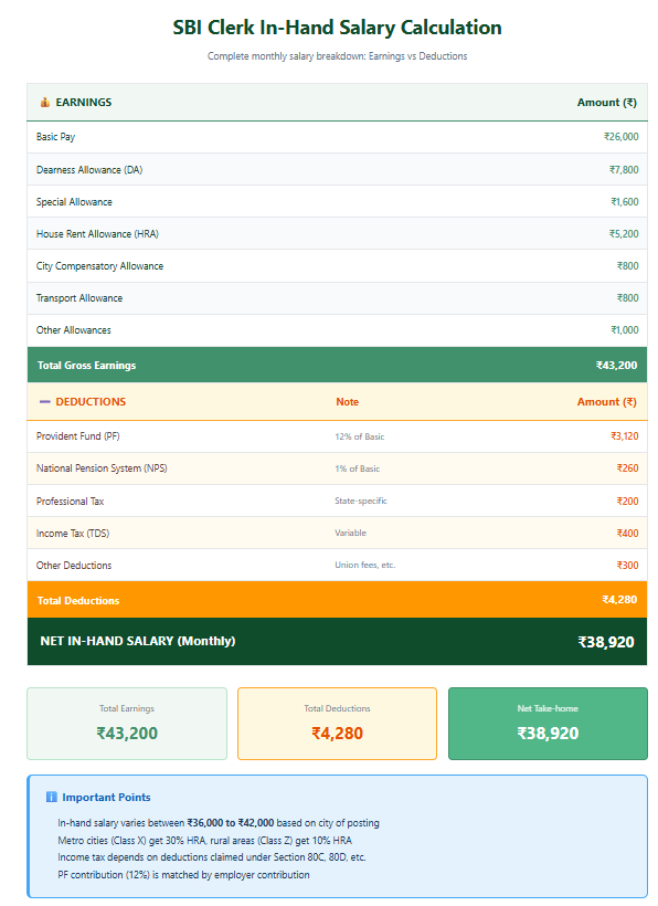 Infographic showing SBI Clerk in-hand salary calculation with earnings and deductions